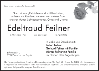 Traueranzeige von Edeltraud Feilner von Pegnitz-Zeitung